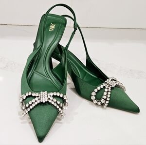 Zara Emerald Satin Slingback Heels Rhinestone Bow Kitten Heel Size 39